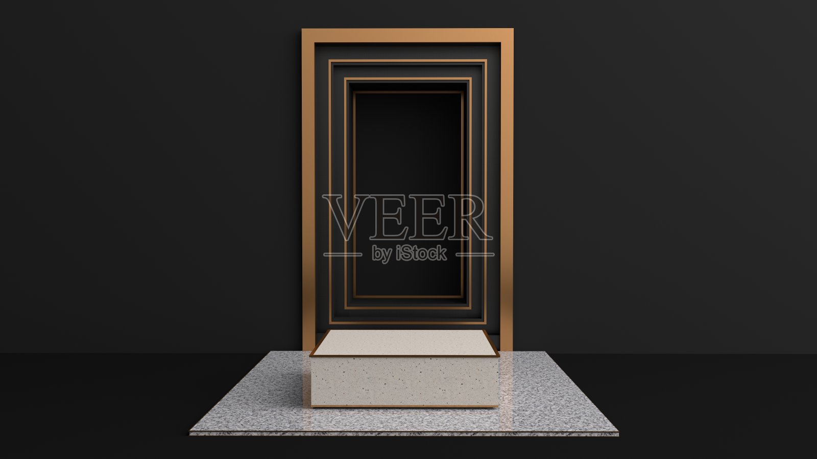 方形石座，金色边框，黑色地板，黑色墙，方形框架。金色边框可用于商业广告的黑色背景孤立、插图、3D渲染照片摄影图片