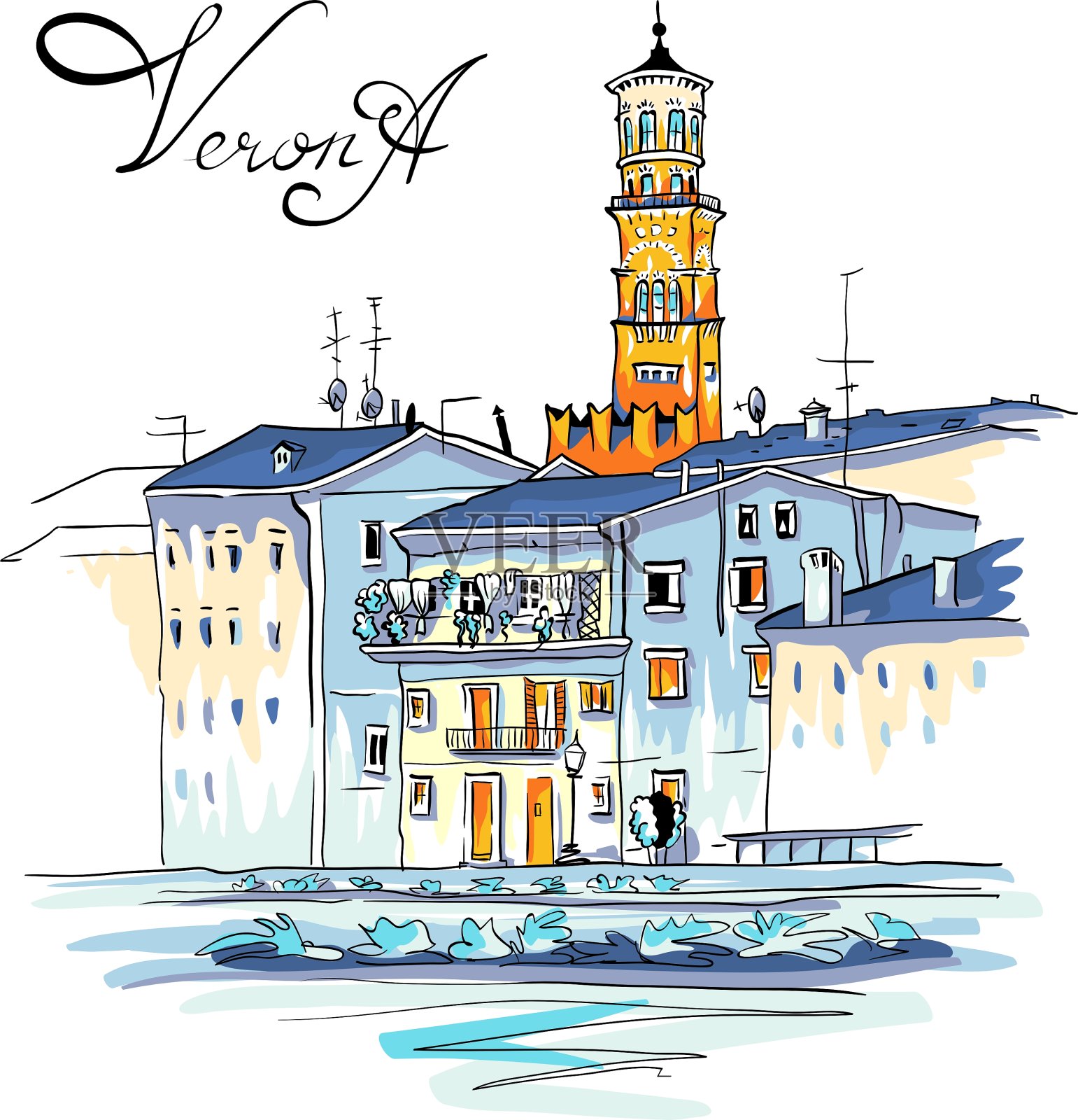 意大利维罗纳的阿迪杰河堤岸插画图片素材