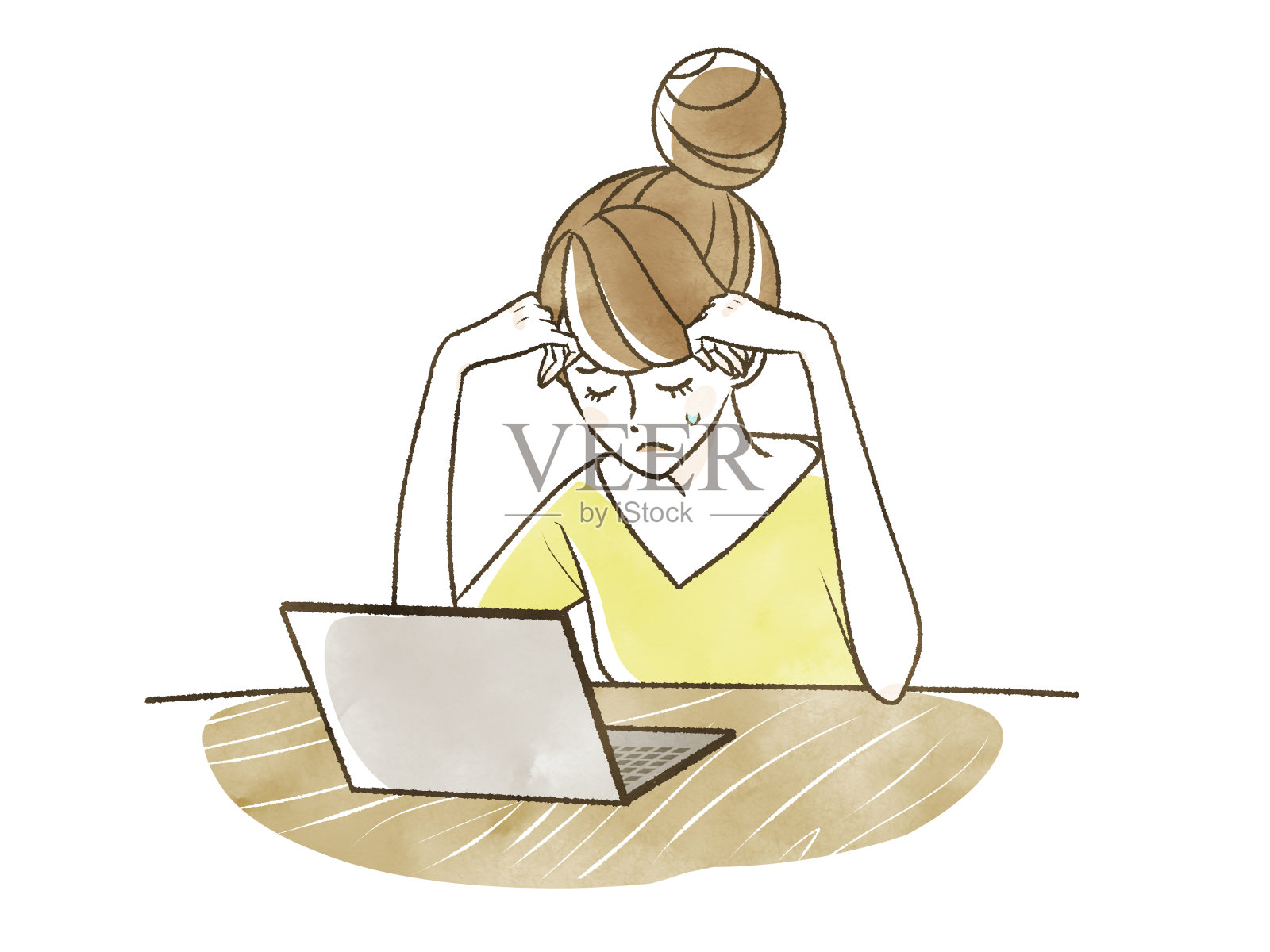 沮丧的女人看着笔记本电脑插画图片素材