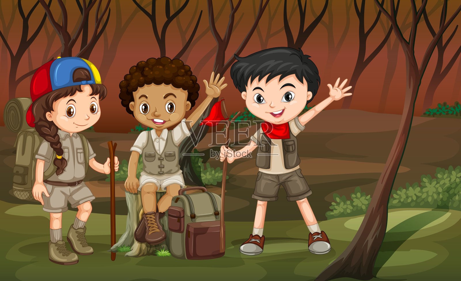 孩子们在树林里徒步旅行插画图片素材