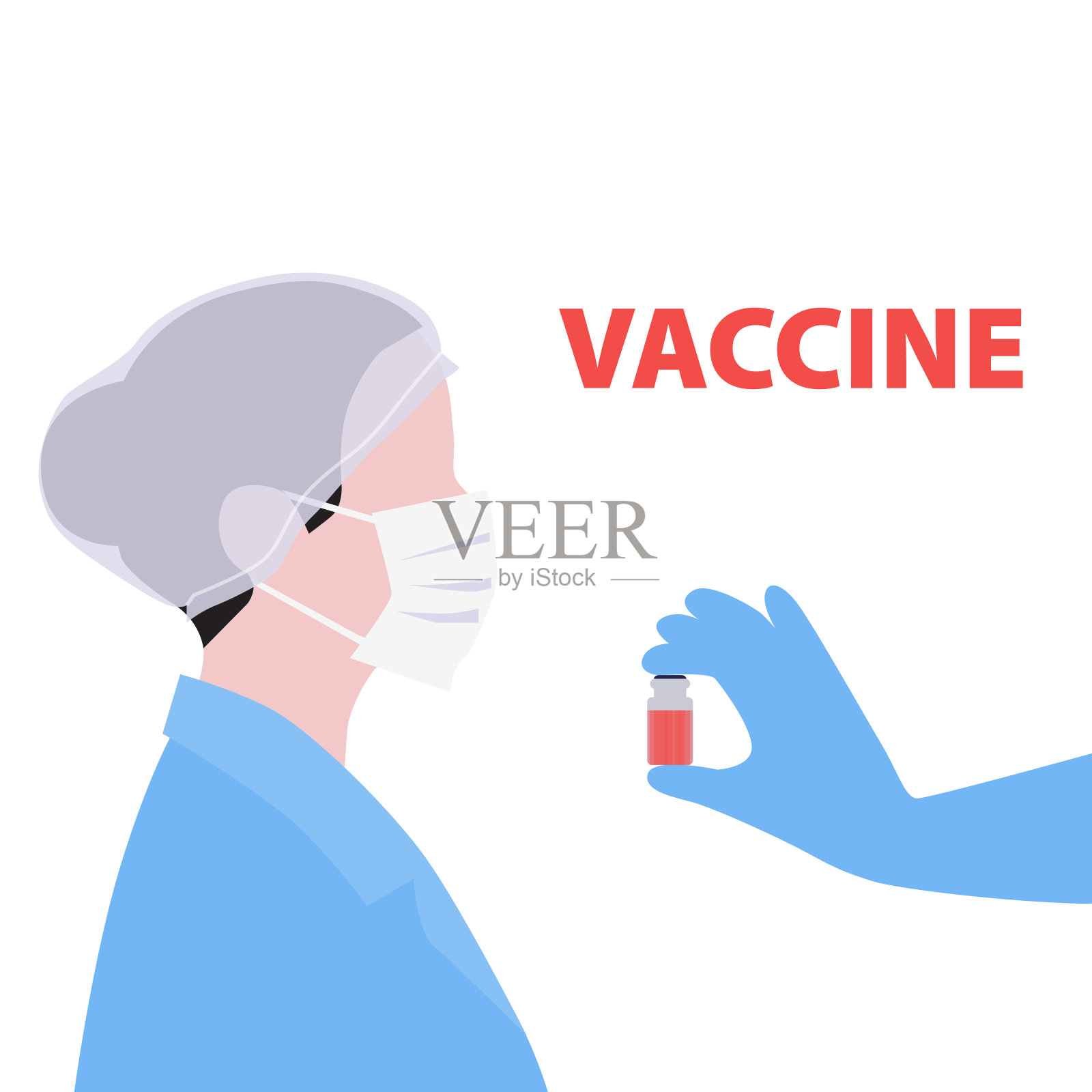 带菌者手绘的插图护士或医生戴着口罩和戴着手套，用安瓿注射疫苗。设计元素图片