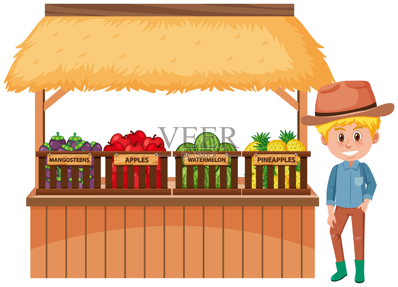 白色背景上的水果和农民的食品小贩插画图片素材