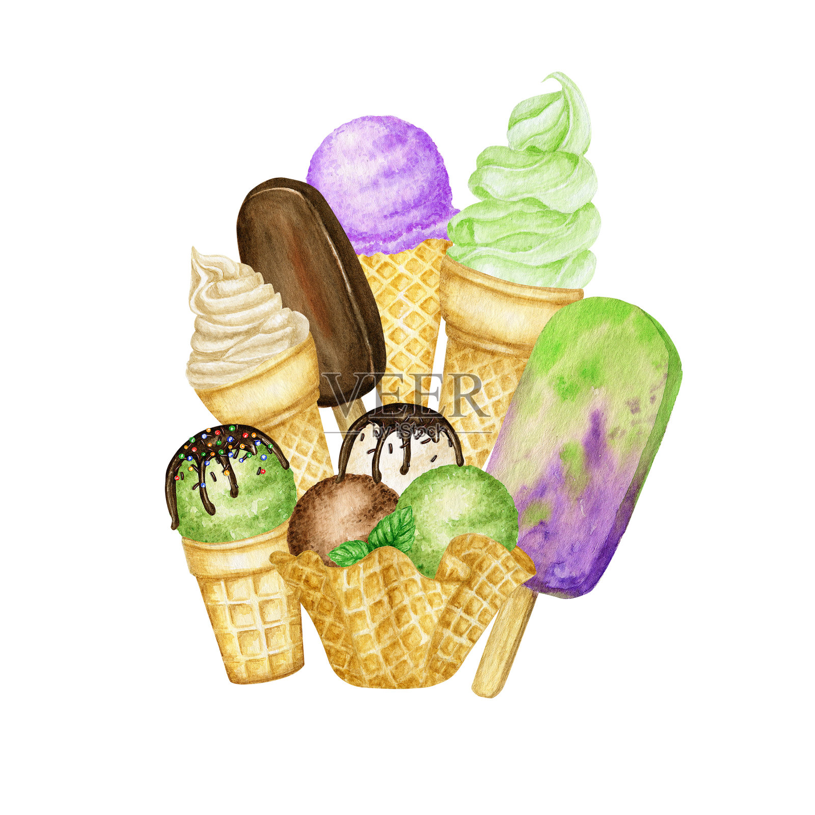 在华夫蛋筒框架内装饰有巧克力的冰棍、冰淇淋球。水彩插图孤立的白色背景。香草，巧克力和绿色开心果冰淇淋球设计元素图片