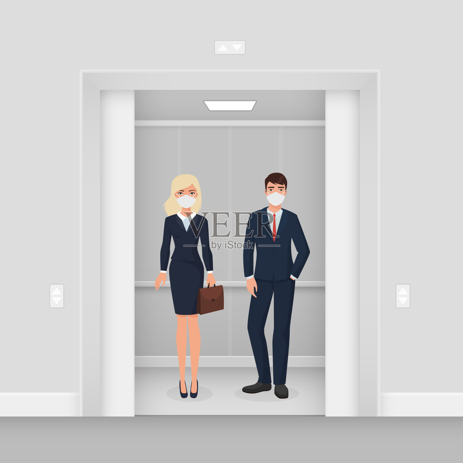 商务人士在口罩从covid 19电梯平面卡通矢量插图概念插画图片素材