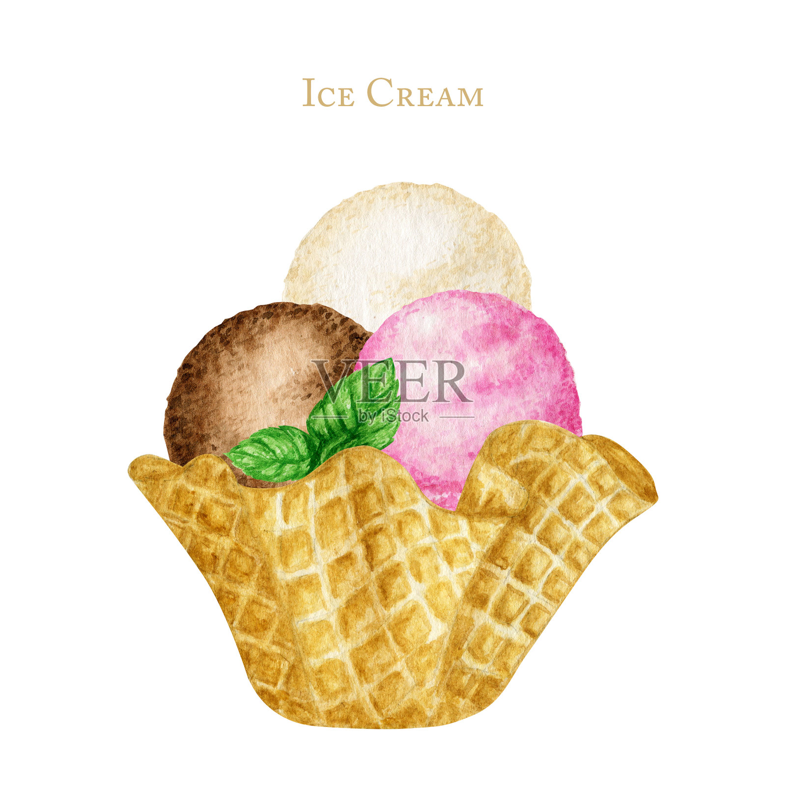 薄荷叶装饰的冰淇淋球在华夫蛋筒美味。水彩插图孤立的白色背景。香草，巧克力和粉色覆盆子冰淇淋球设计元素图片