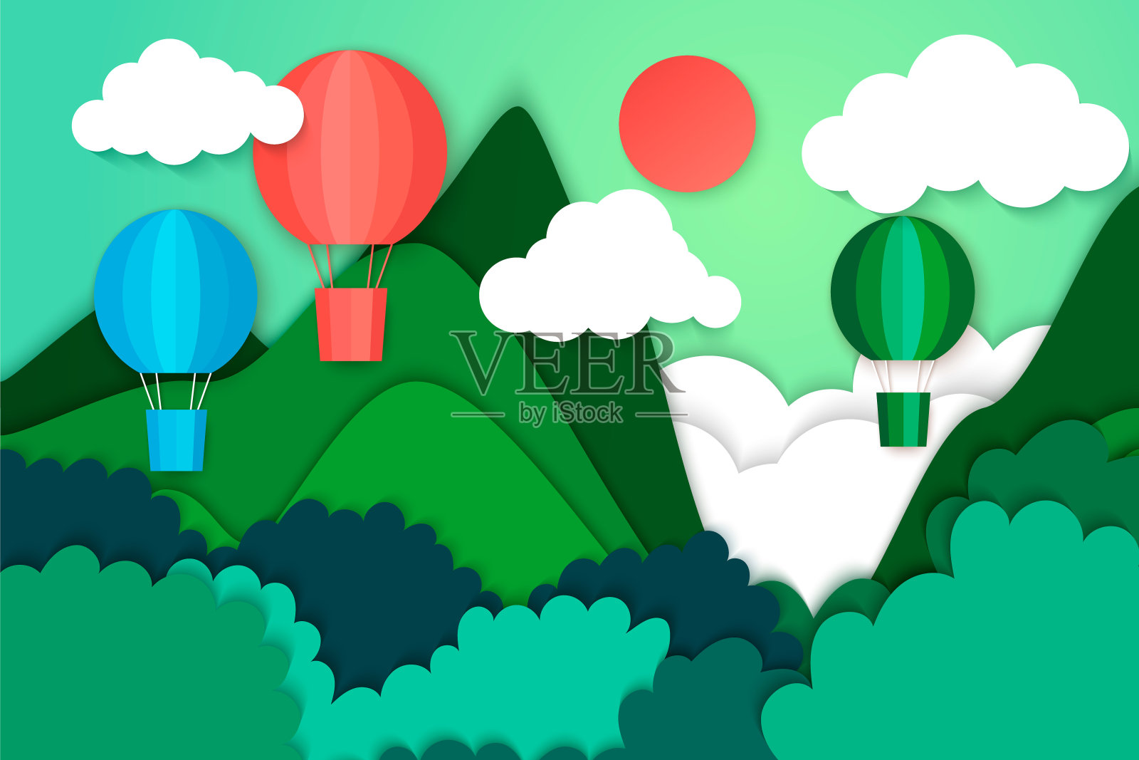 夏季旅行和冒险概念与热气球在山区和森林自然景观背景纸艺术风格。矢量插图。插画图片素材
