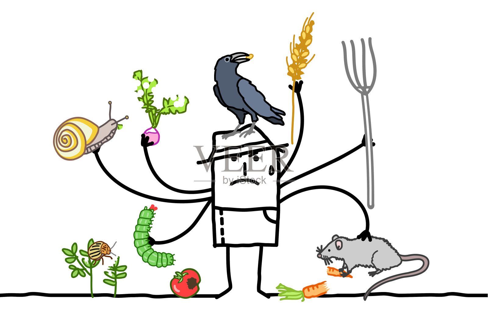 多任务的卡通农民，愤怒的因为动物吃他的植物插画图片素材