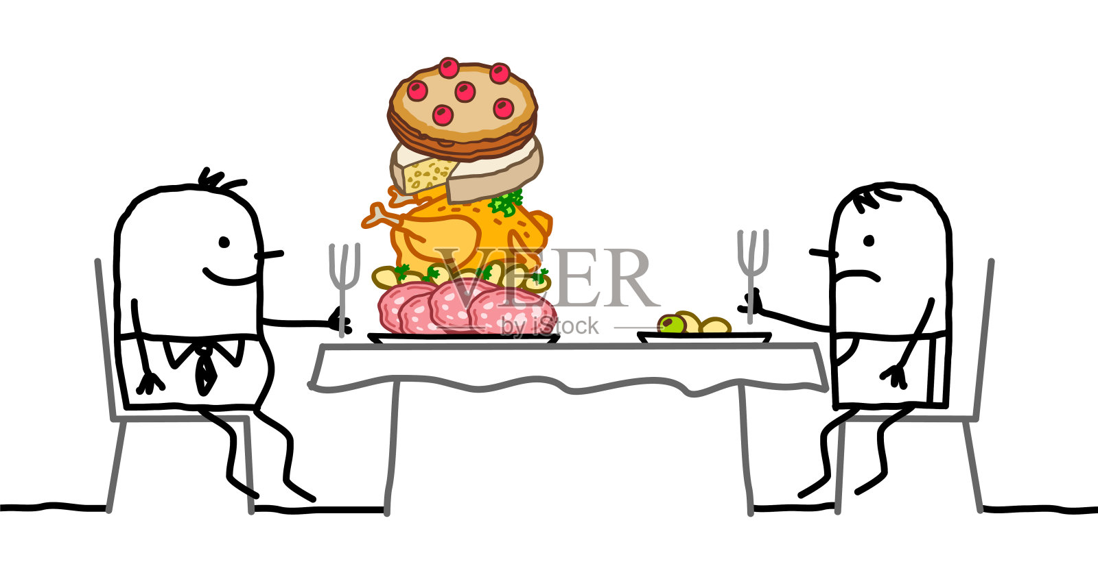 卡通胖男人的盘子里有一堆食物，坐在一个瘦小的盘子前面设计元素图片
