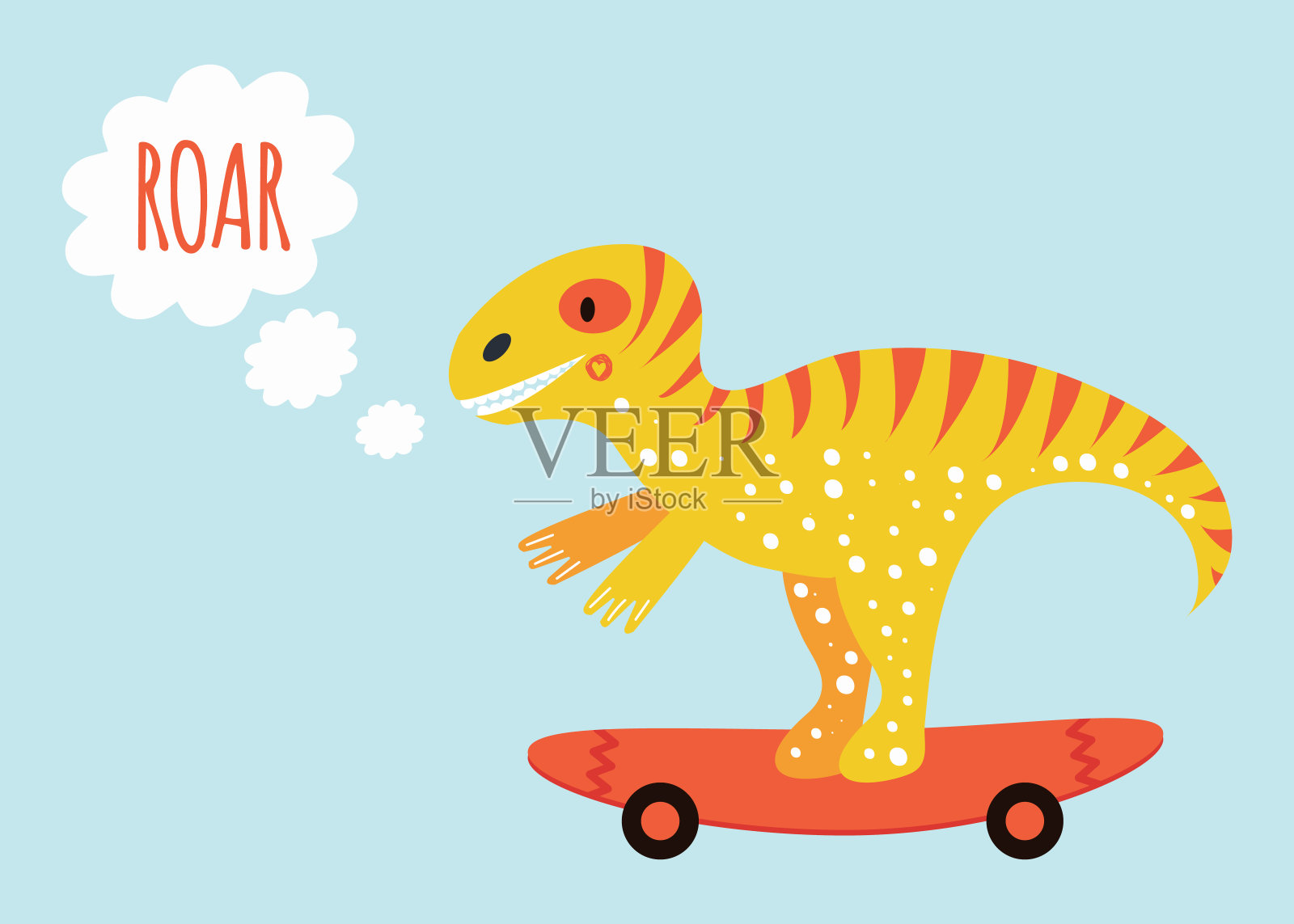 可爱的恐龙滑板上的霸王龙。打印的儿童海报与文字吼。黄色和橙色。插画图片素材