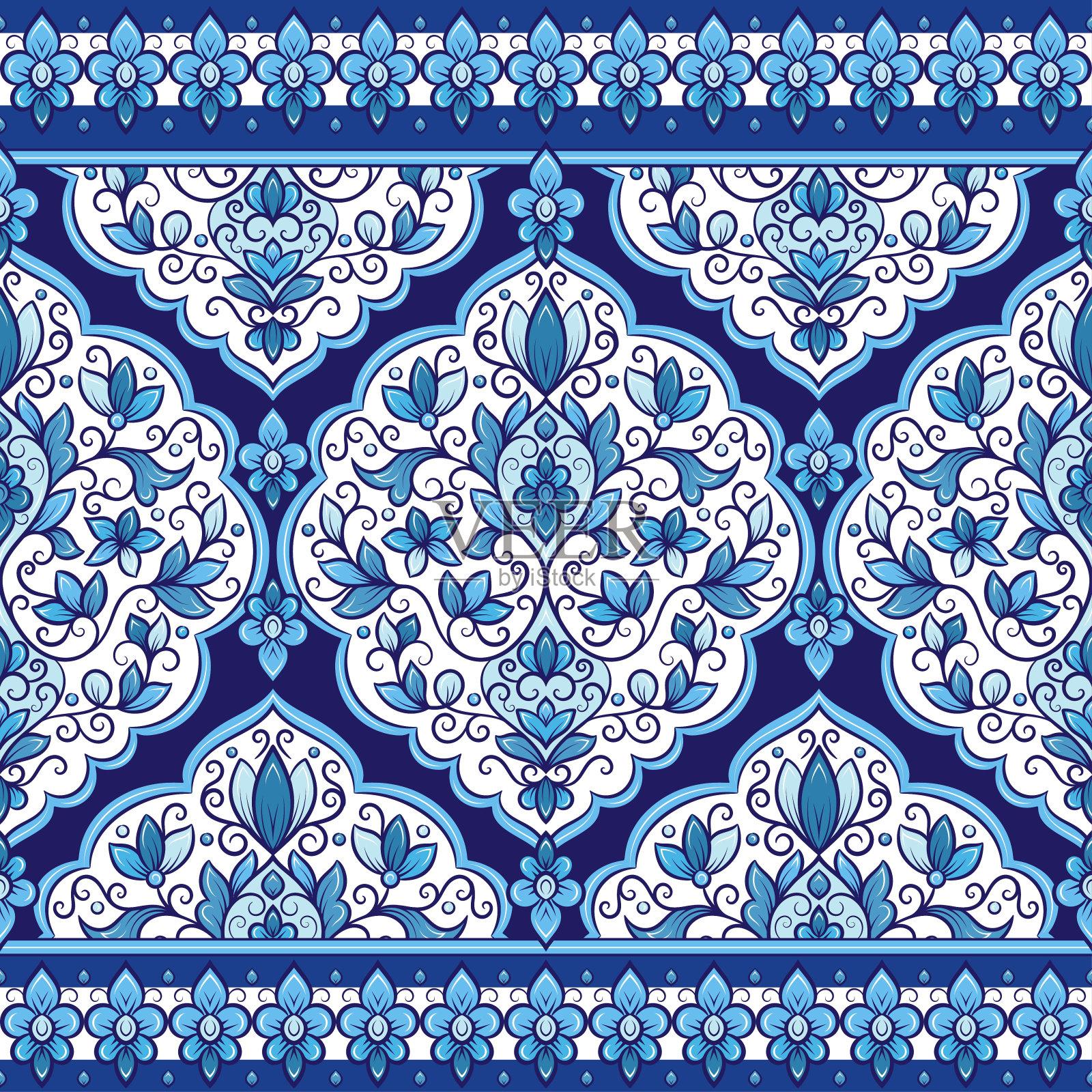 蓝色和白色的花无缝图案，带有观赏条纹。传统的东方图案。古董装饰模板。佩斯利装饰元素。非常适合布料和纺织品。插画图片素材