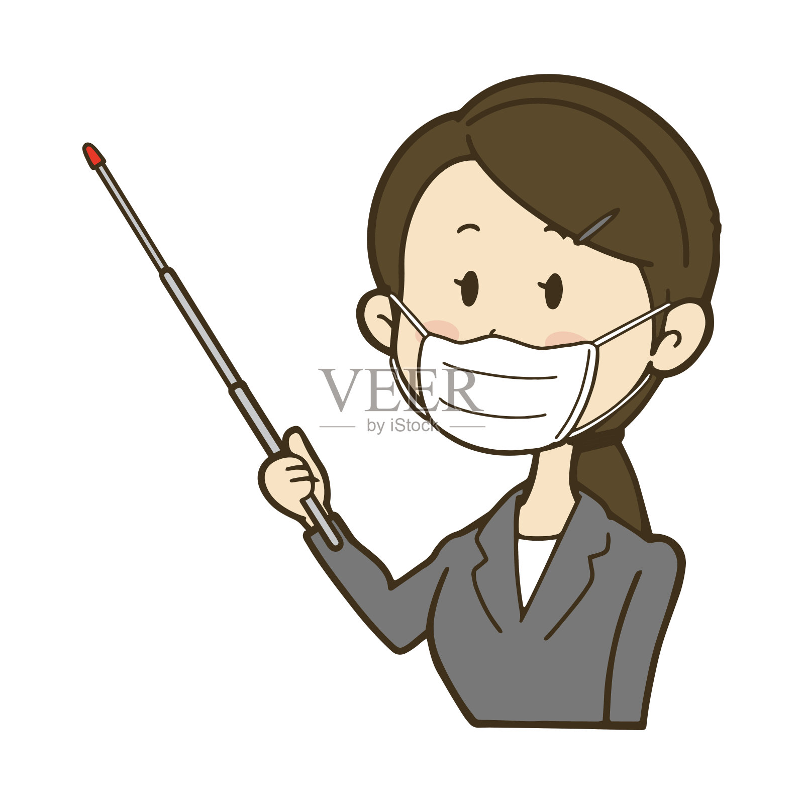 一个女商人戴着面具拿着一根棍子。插画图片素材