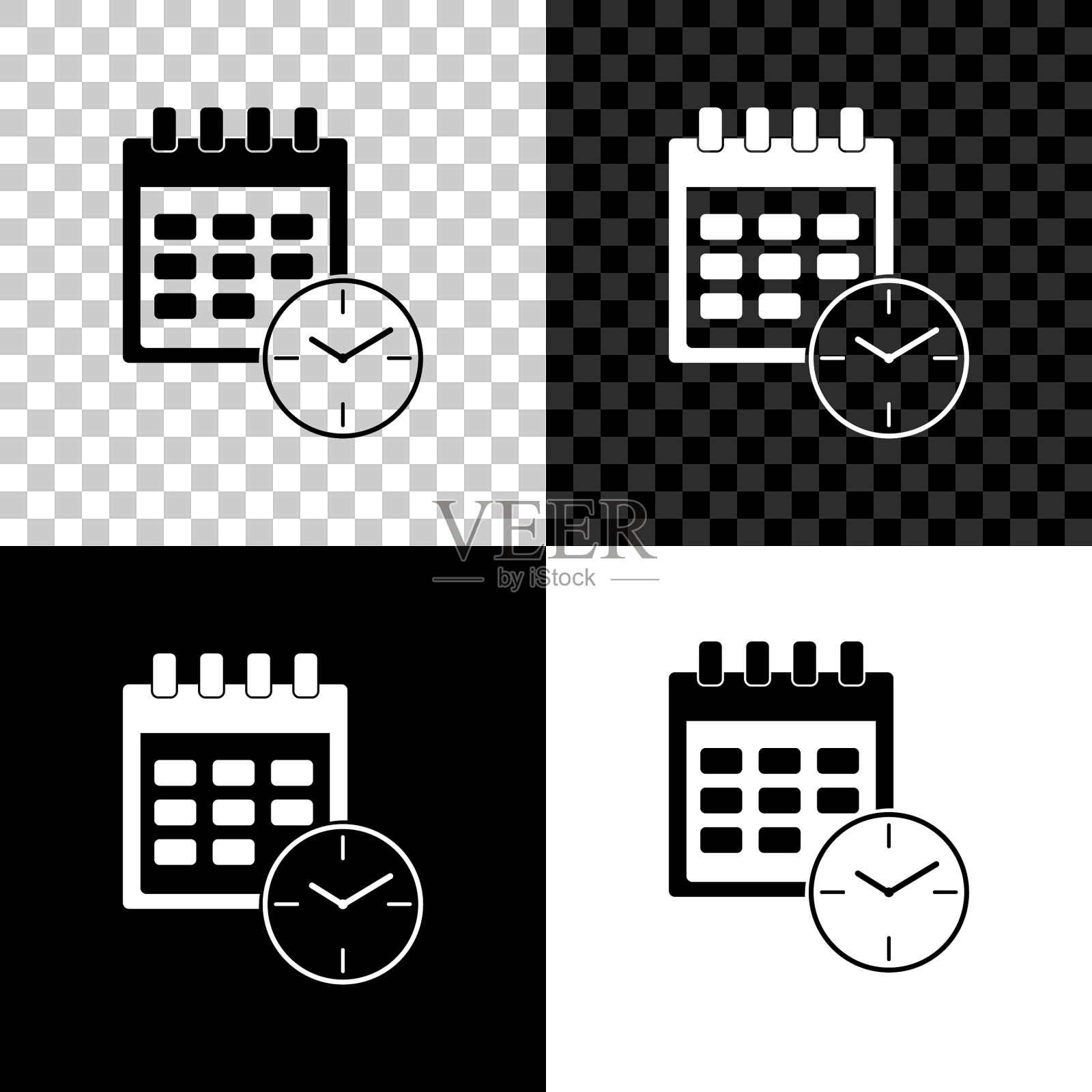 日历和时钟图标孤立在黑白色插画图片素材