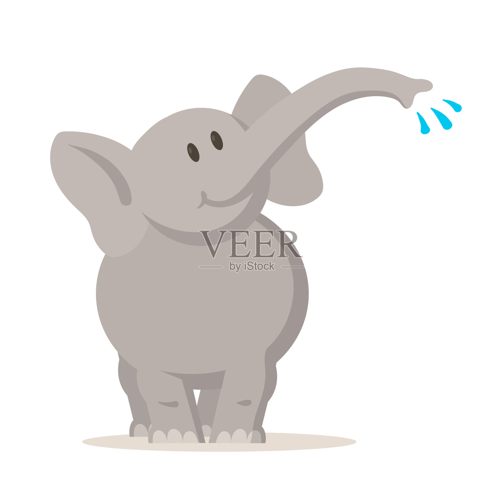 微笑的大象玩水，卡通人物。平面矢量插图，孤立在白色背景上。插画图片素材