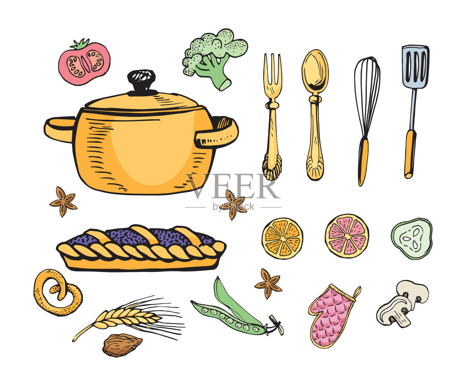 厨房用具，手绘烹饪物品。图标在草图风格。插画图片素材