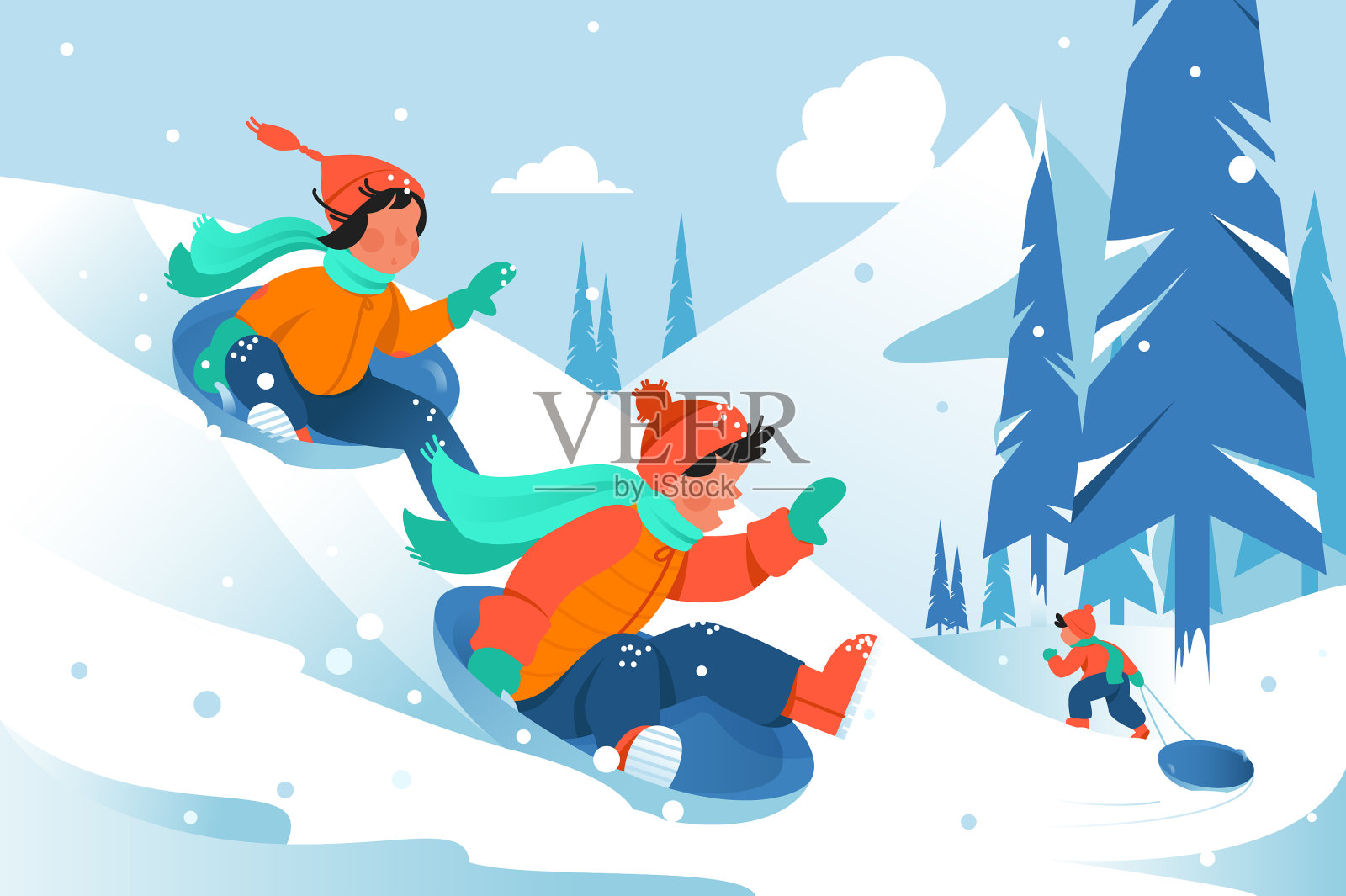 带着浮冰的孩子们从森林里的小山上骑下来插画图片素材