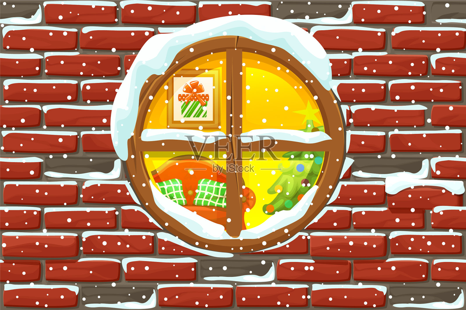 圣诞之窗在石头墙上点亮插画图片素材