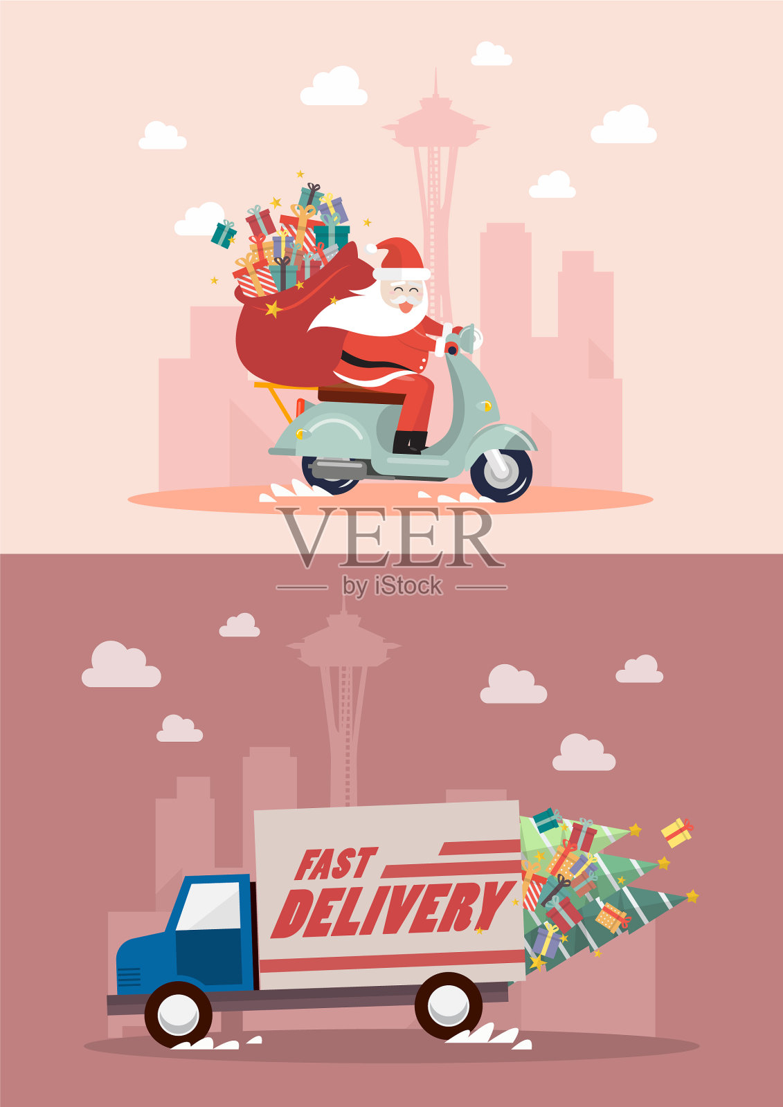 卡车和摩托车的圣诞送货服务插画图片素材