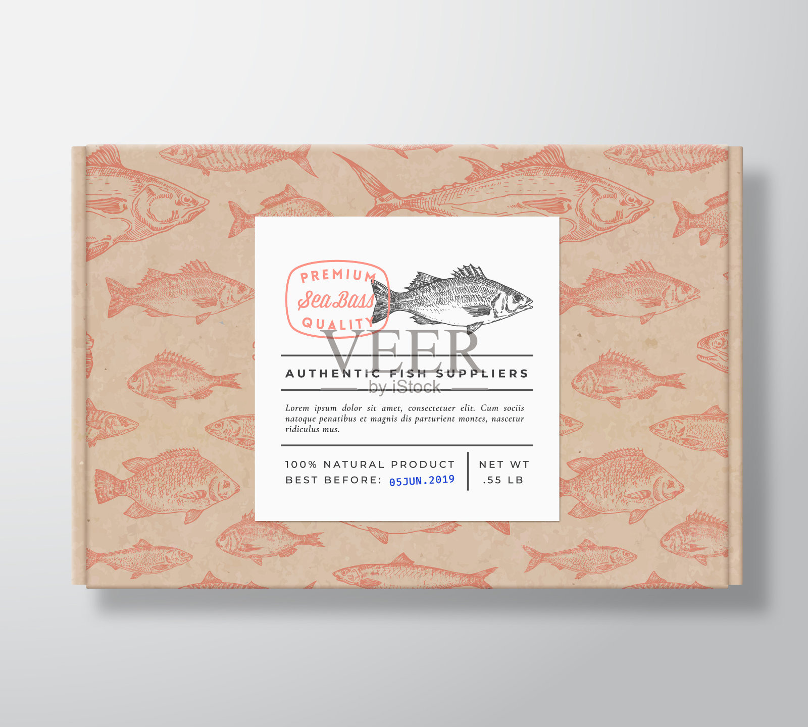 鱼图案的现实纸板盒与旗帜插画图片素材