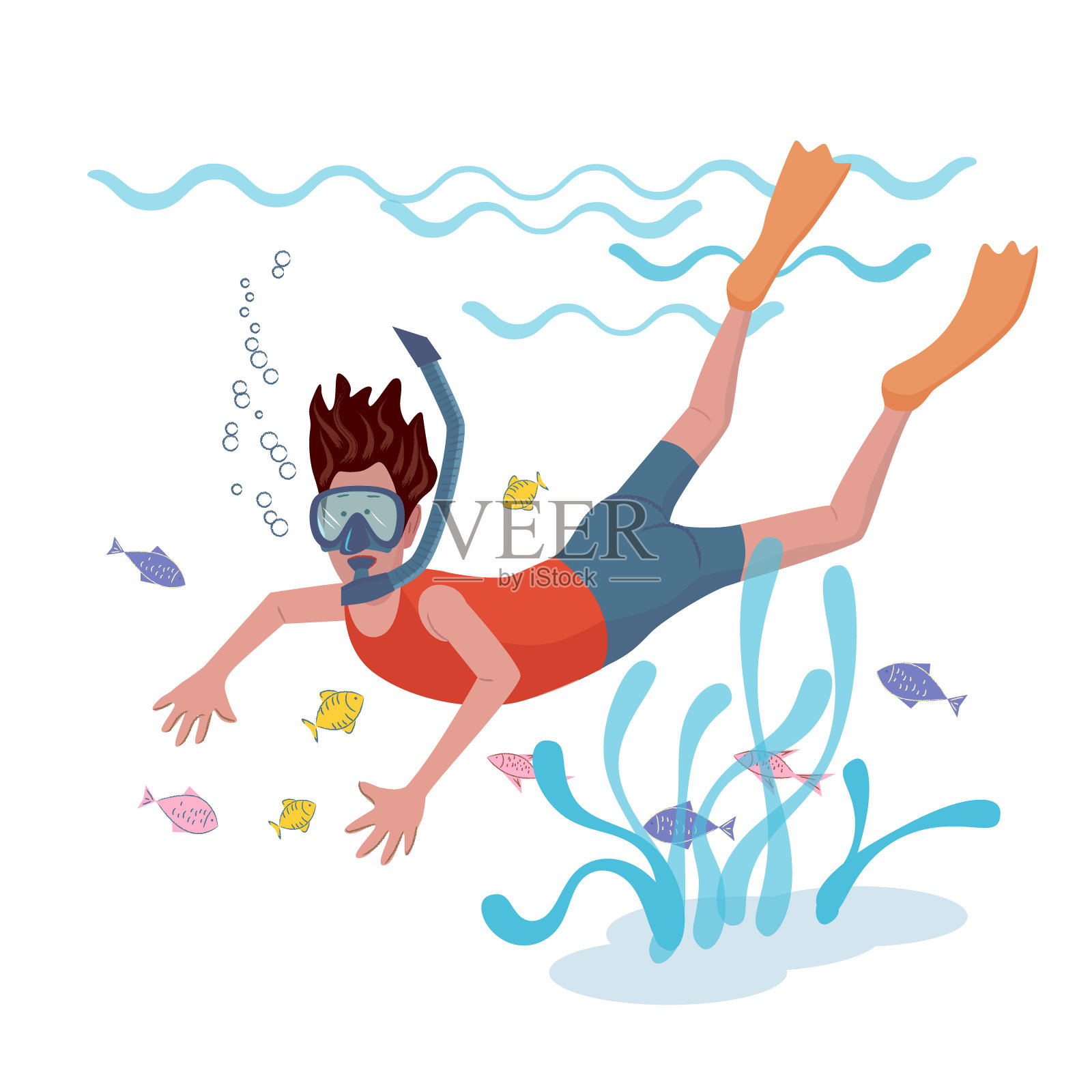 一个戴面具的快乐的人正在水下游泳插画图片素材