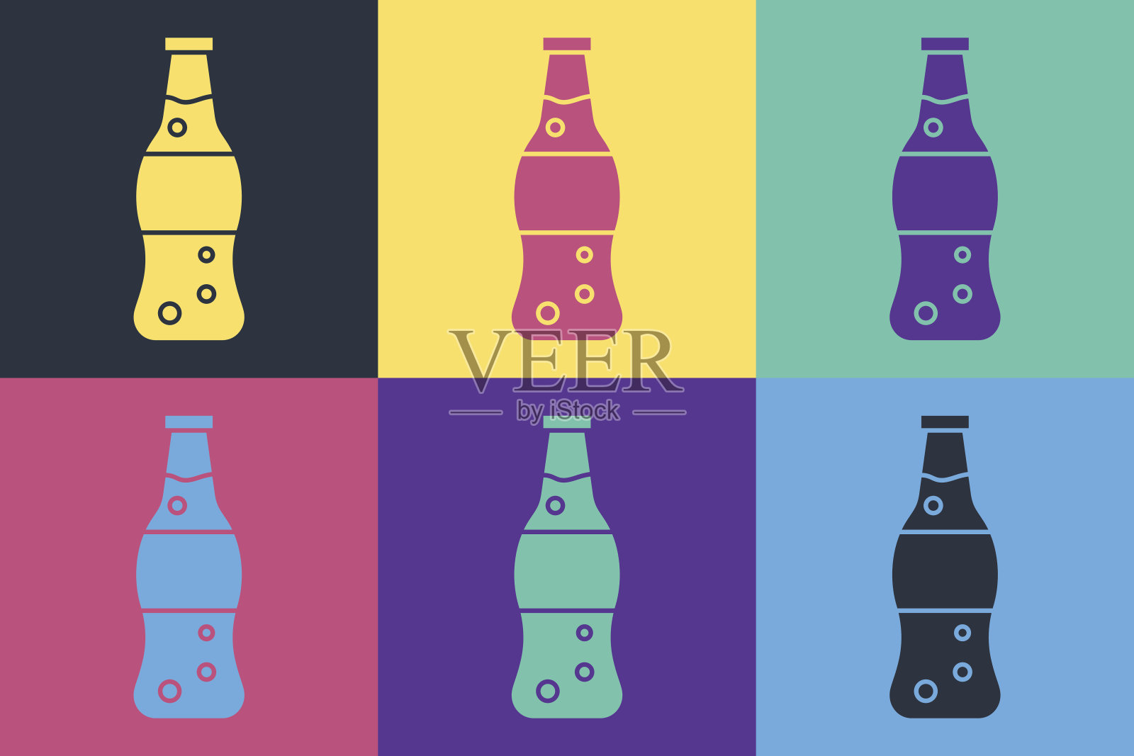 波普艺术瓶装水图标孤立的颜色背景。苏打水饮料标志。矢量图插画图片素材