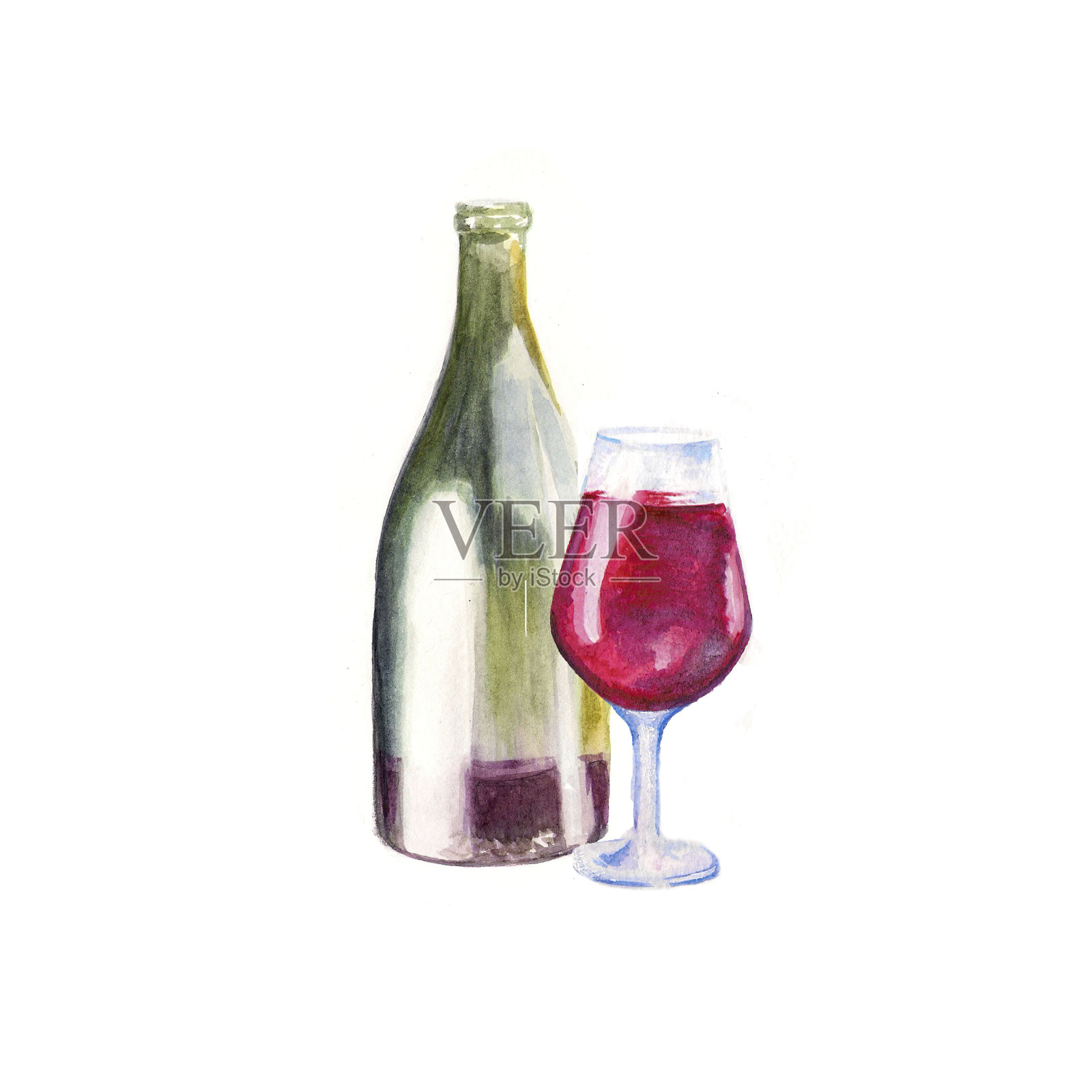 水彩红酒杯与酒瓶在白色的背景插画图片素材