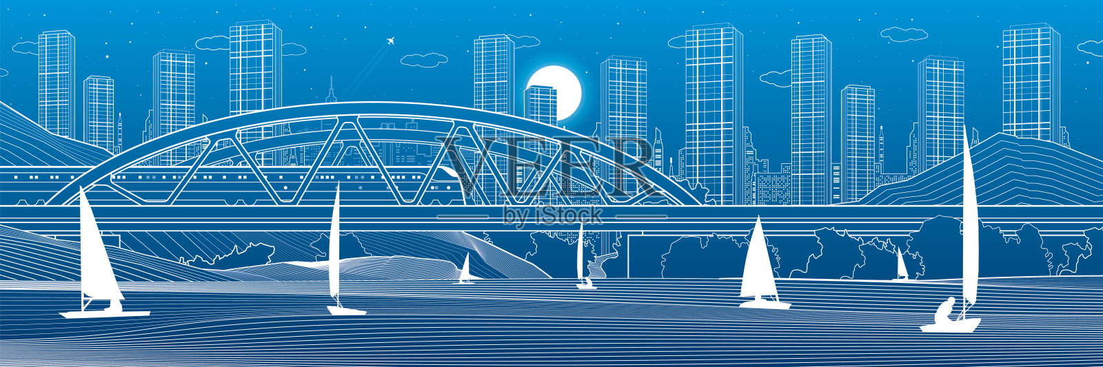 河上有一座铁路桥。火车。在水上航行的船只。概述城市插图。晚上的城市场景。小镇的城市。蓝色背景上的白线。矢量设计艺术插画图片素材