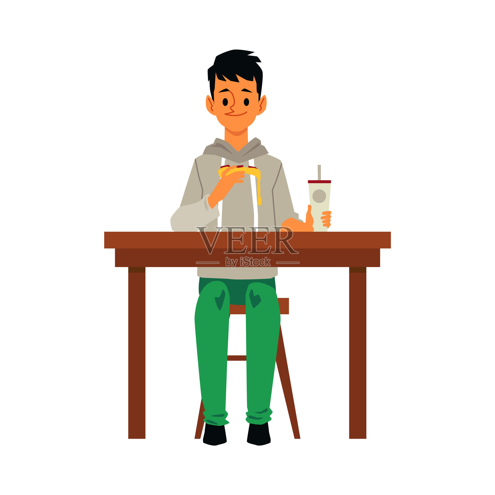 人物坐在桌前吃披萨，平面矢量插图孤立。插画图片素材
