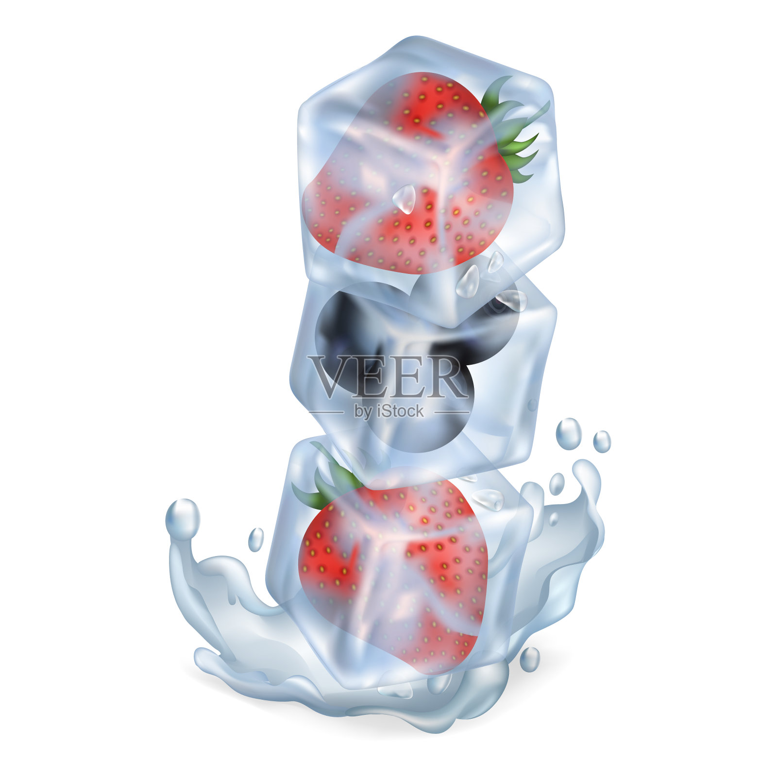 冰块和浆果一个接一个地放在水中插画图片素材