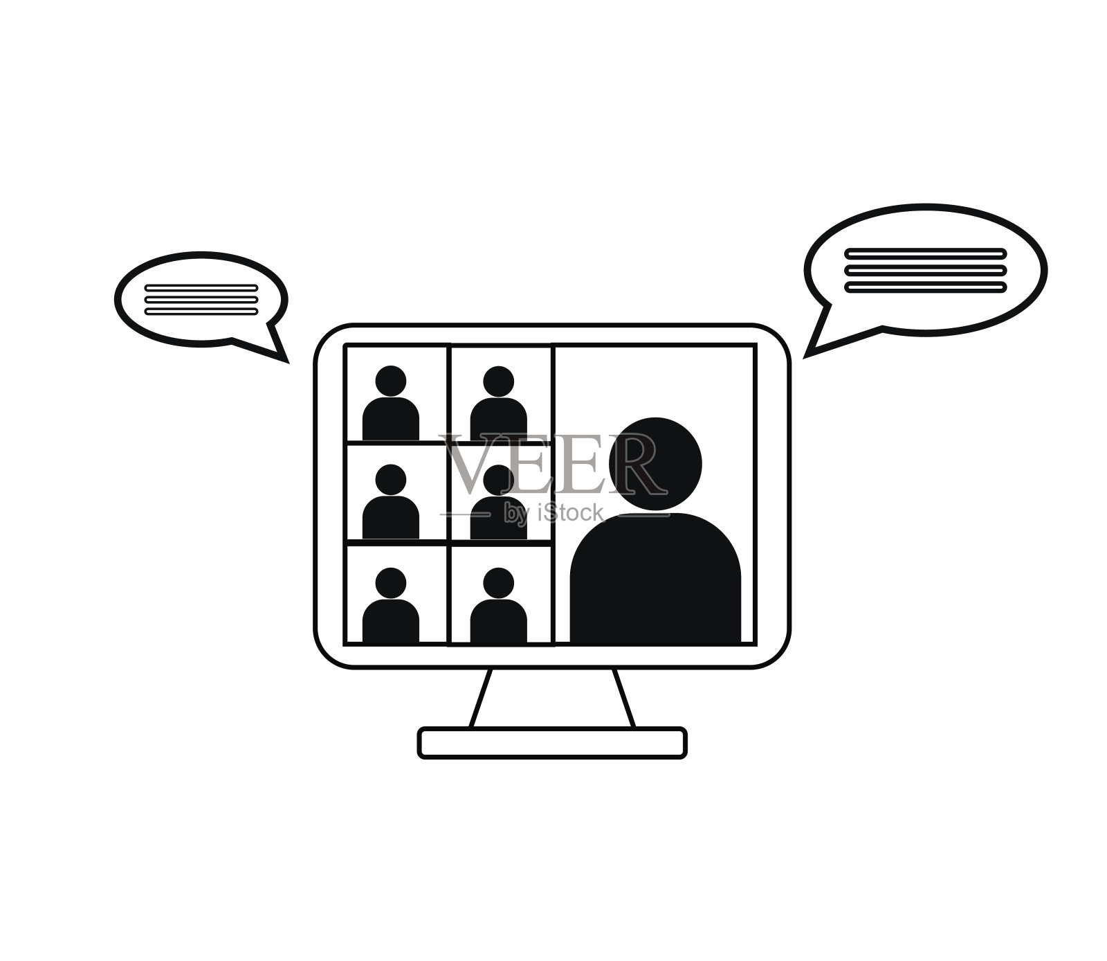 视频会议图标。电脑屏幕上的人。在家办公隔离时间。数字通信。网络教学媒体。设计元素图片
