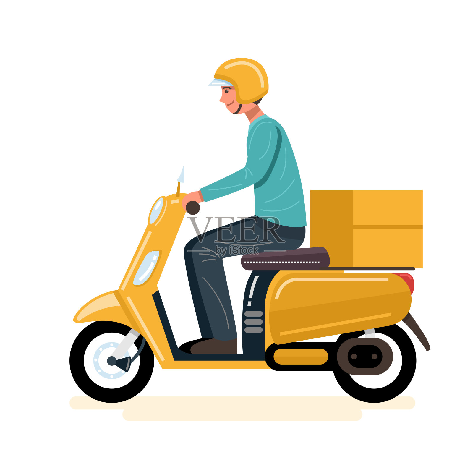 骑着小摩托车送餐的人。向量插画图片素材