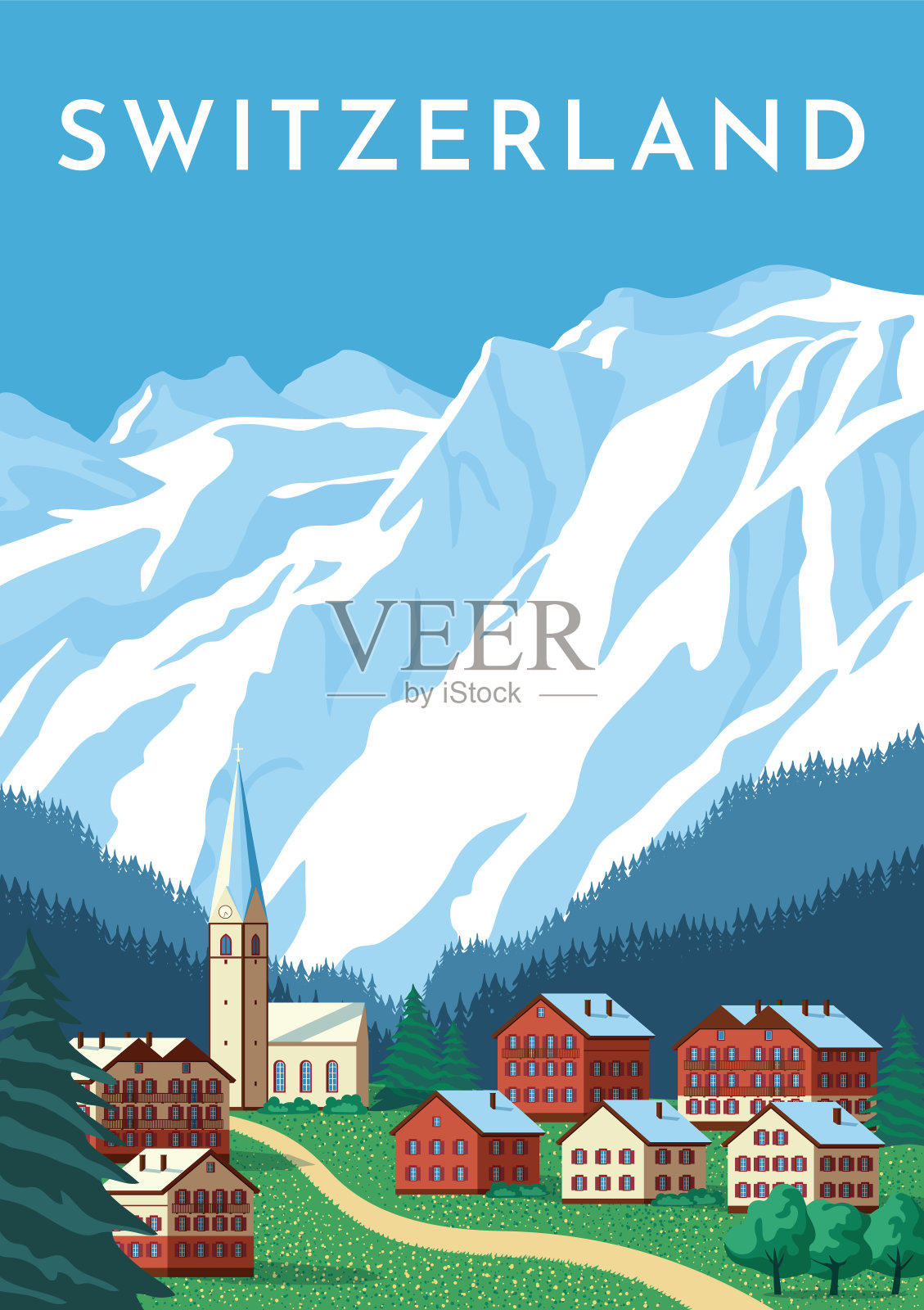 瑞士旅游复古海报，自然复古横幅。夏季阿尔卑斯山风光，奥地利山村。平面向量插图。插画图片素材