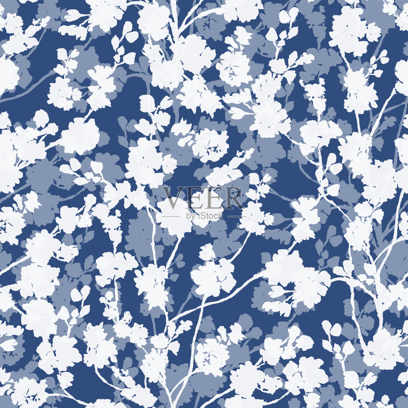 蓝色和白色的樱花剪影。插画图片素材