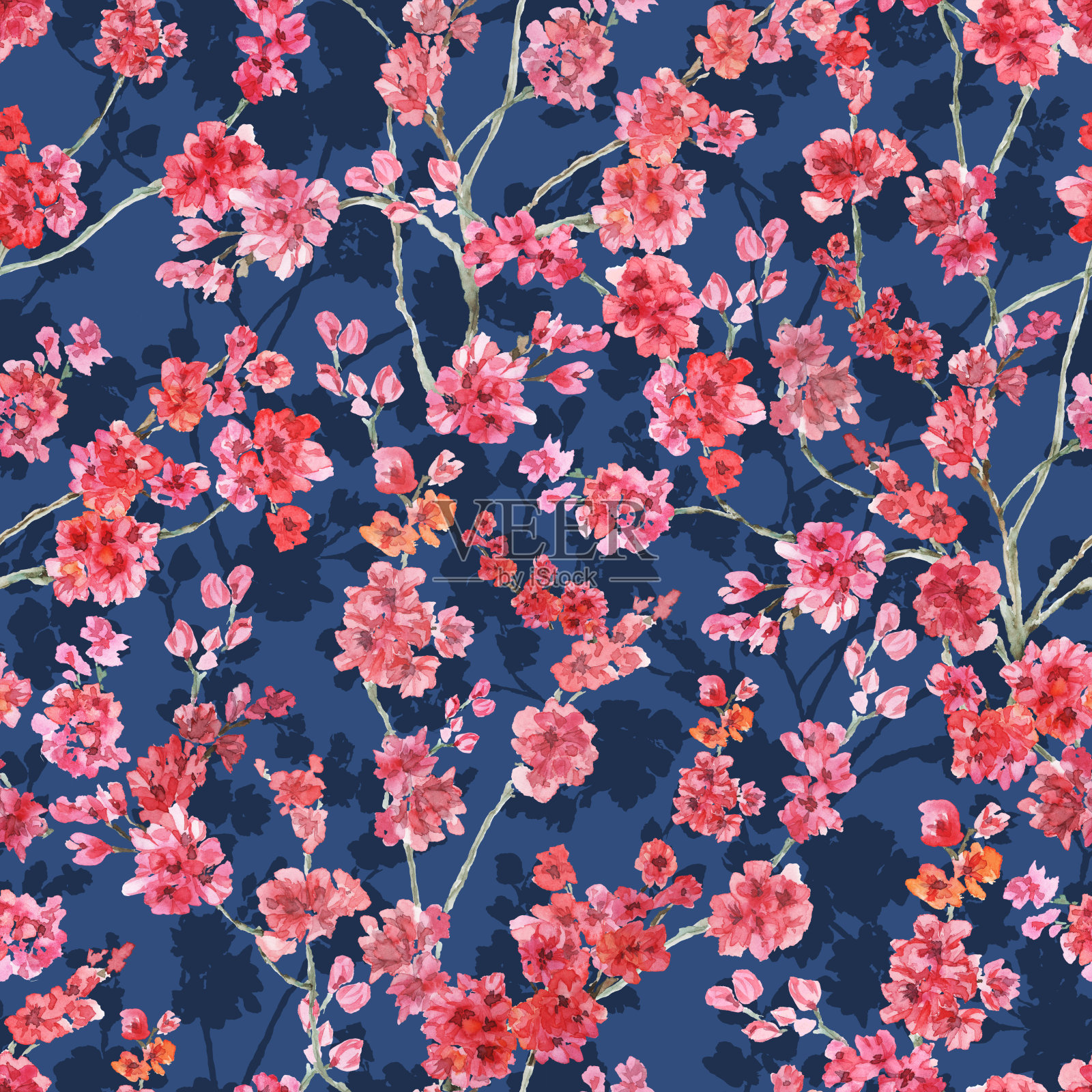 蓝色背景上的樱花剪影。无缝模式。插画图片素材