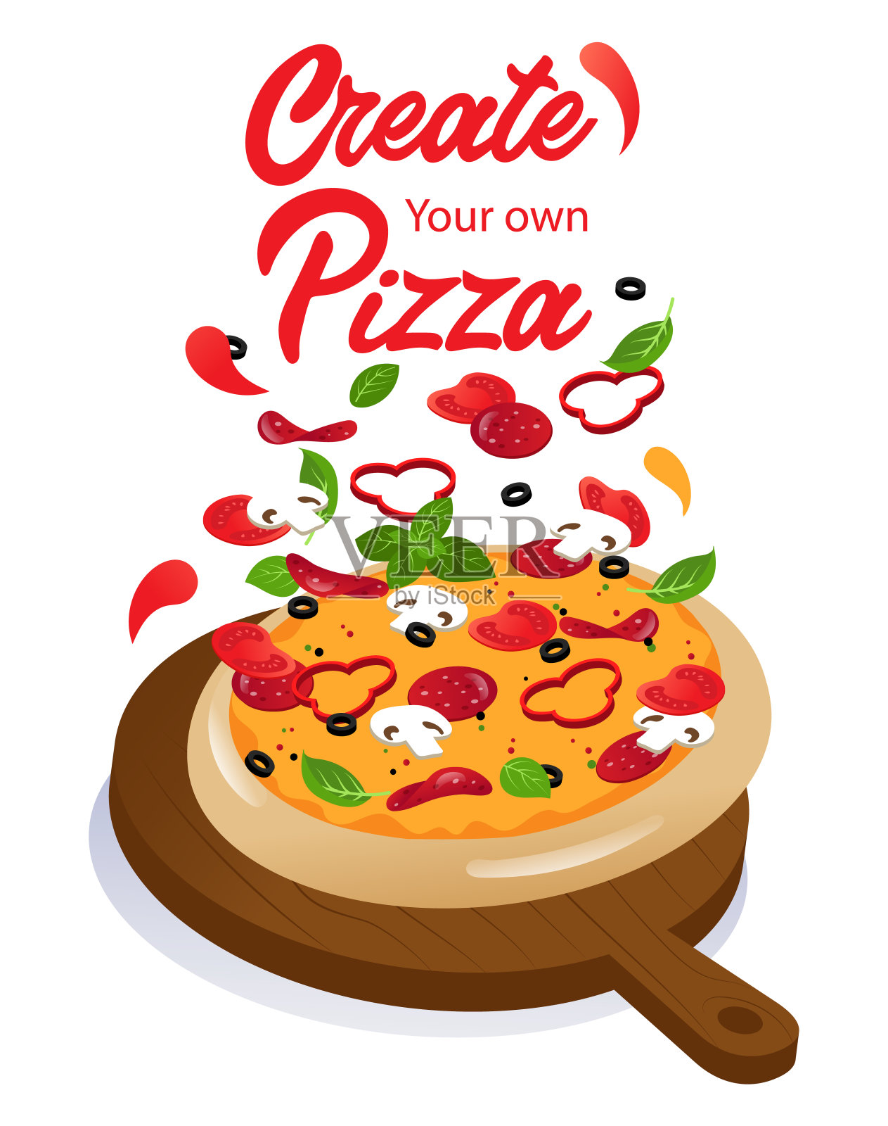 木制食品摊上的美味奶酪披萨广告。用自己的食材和网上订披萨和送披萨的可能性。卡通平面矢量插图插画图片素材