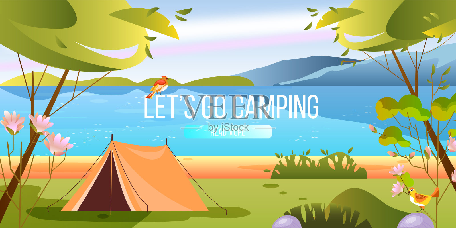 露营横幅上有帐篷、树、湖、山、鸟、花。插画图片素材