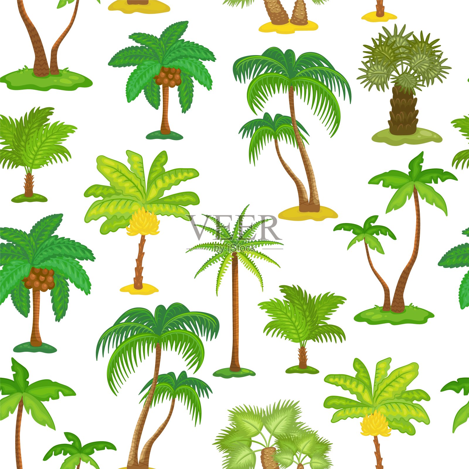 热带棕榈树无缝图案-不同类型的绿色外来树木插画图片素材