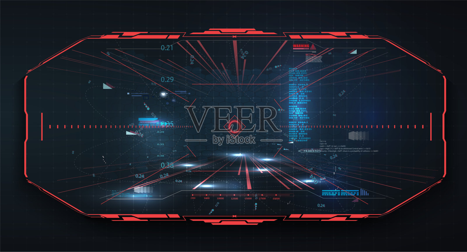 未来HUD, GUI界面屏幕设计矢量。科幻虚拟现实技术视图显示。虚拟现实技术背景。红色虚拟现实游戏插画图片素材