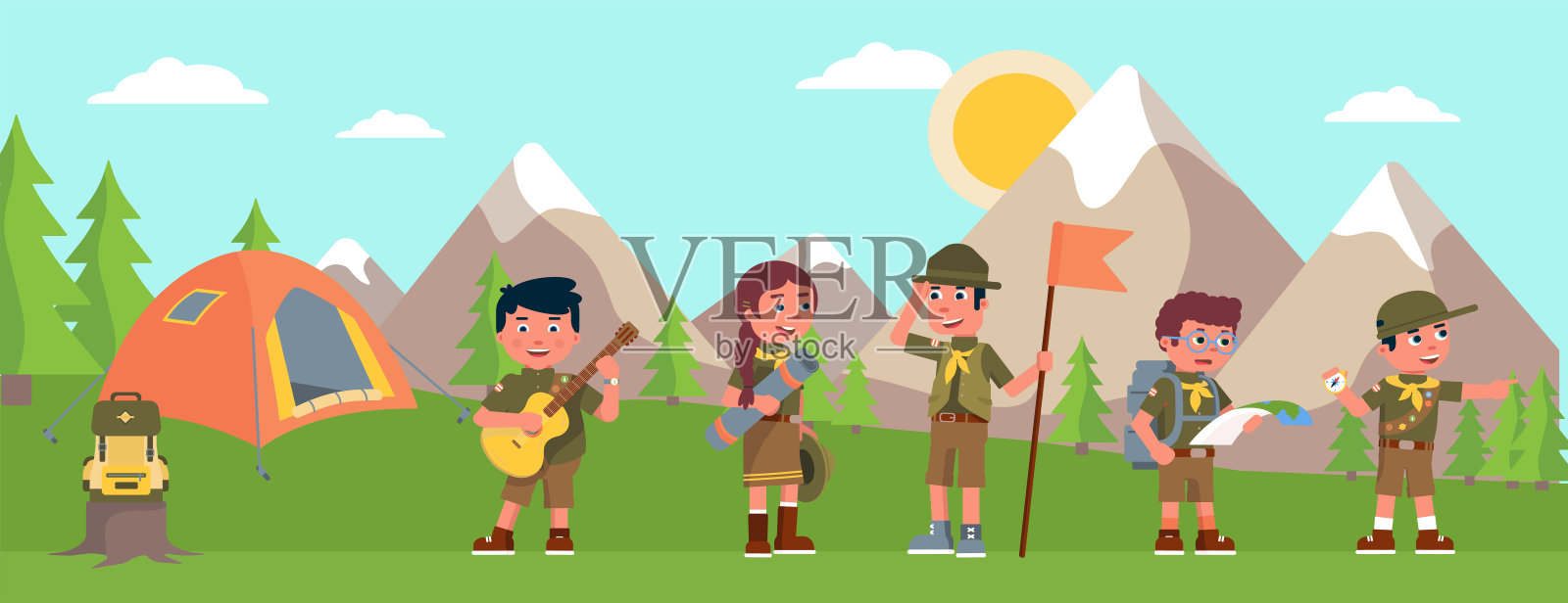 快乐的童子军在森林夏令营插画图片素材