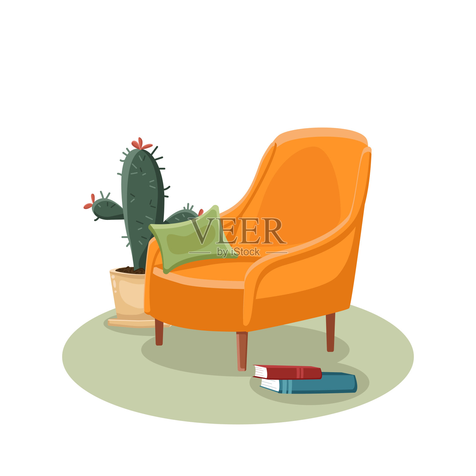 橙色的扶手椅与枕头和书仙人掌内部向量插画图片素材