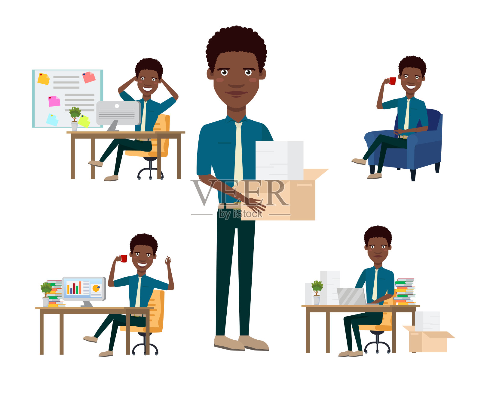 非洲办公室员工性格设置不同的姿势插画图片素材