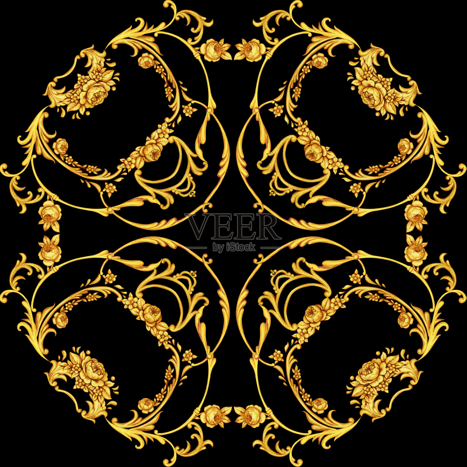巴罗克风格的金色卷轴头巾表面设计插画图片素材