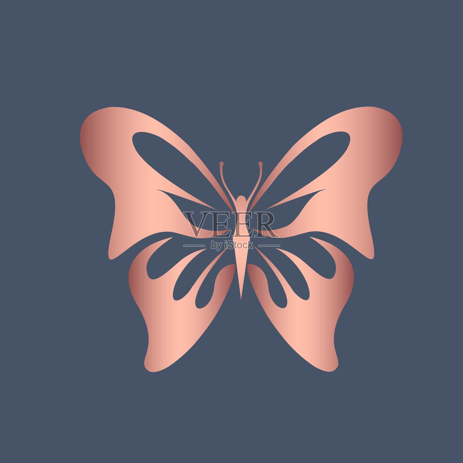 蝴蝶的标志。带有装饰性翅膀的装饰图标。高雅艺术风格的昆虫适用于豪华、美容、水疗业务。金属粉红色。插画图片素材