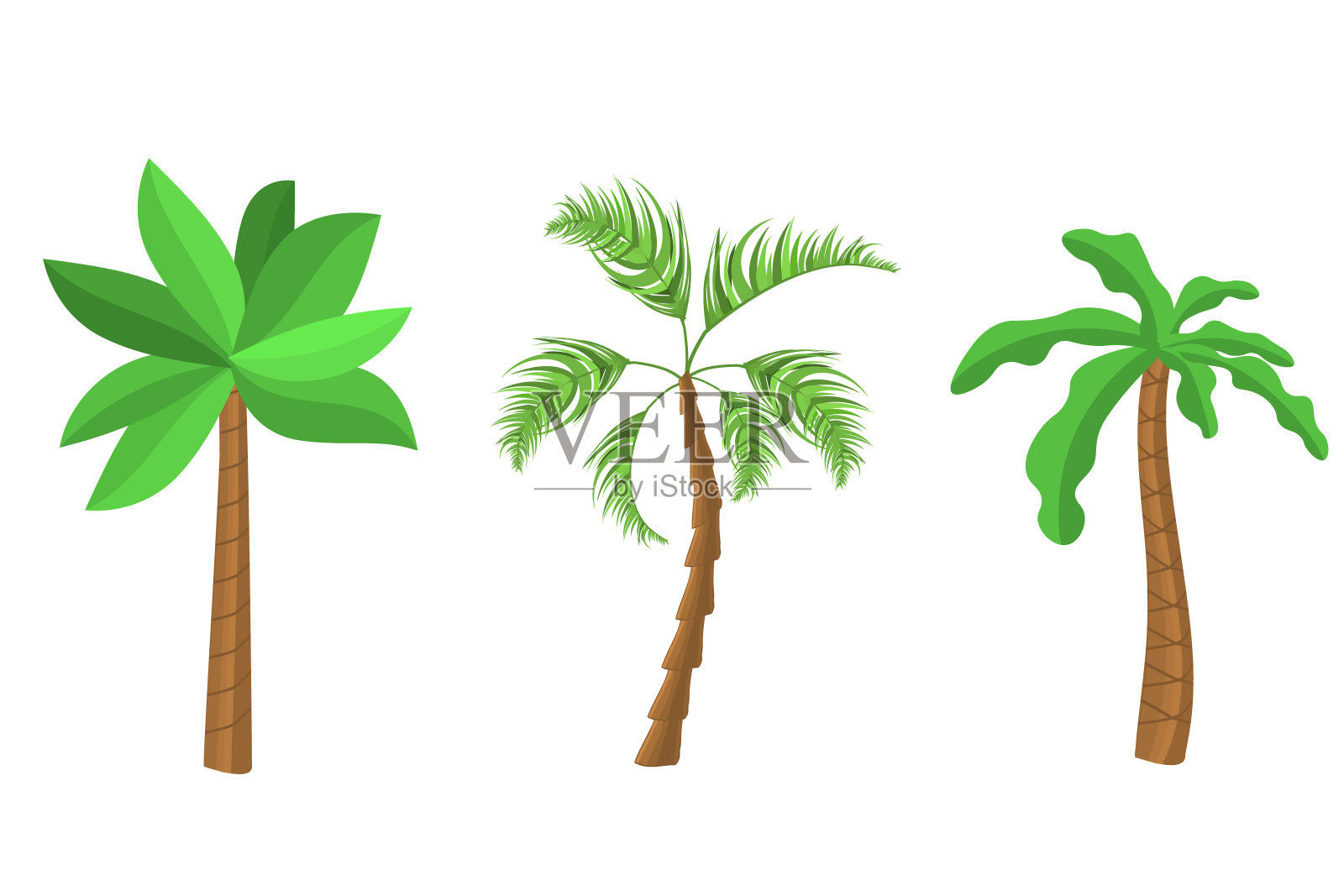 装饰棕榈树图标集。扁平卡通手掌上的白色背景。迈阿密树，椰子树或异国情调的夏威夷森林绿树。设计元素图片