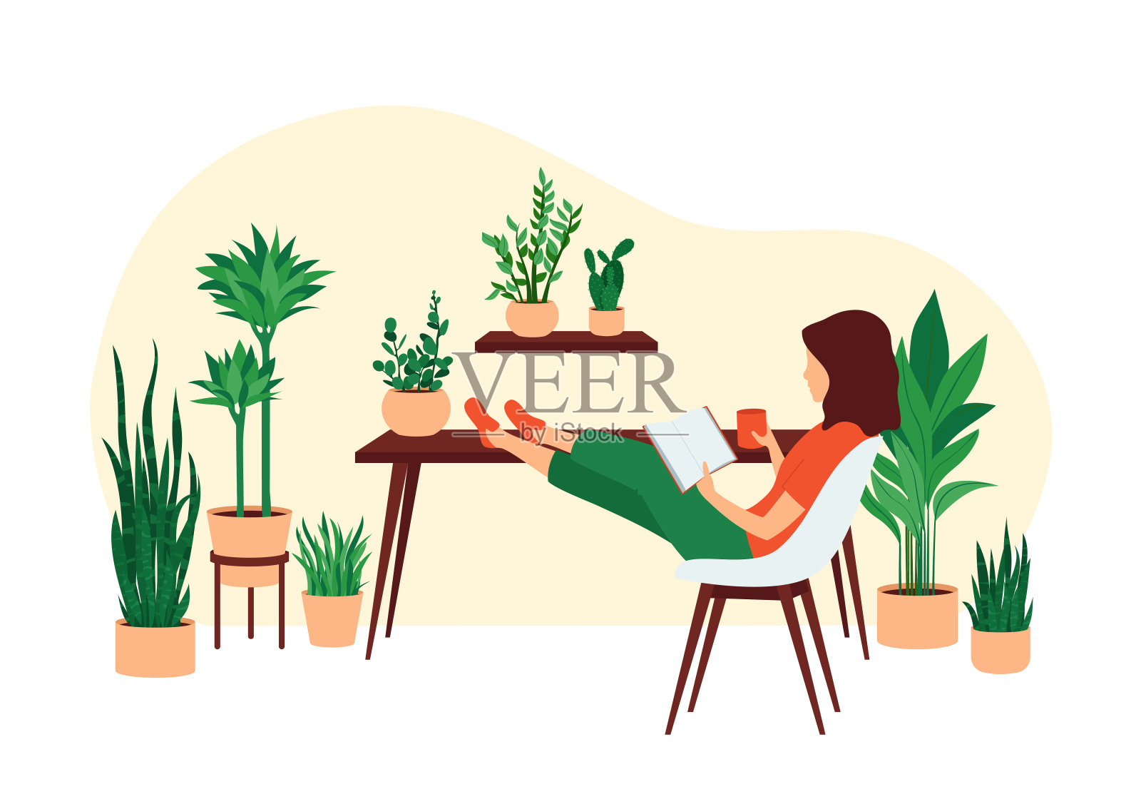 一个年轻的女人坐在一个有很多室内植物的房间里的椅子上看书。在家放松的概念。平面向量插图。设计元素图片