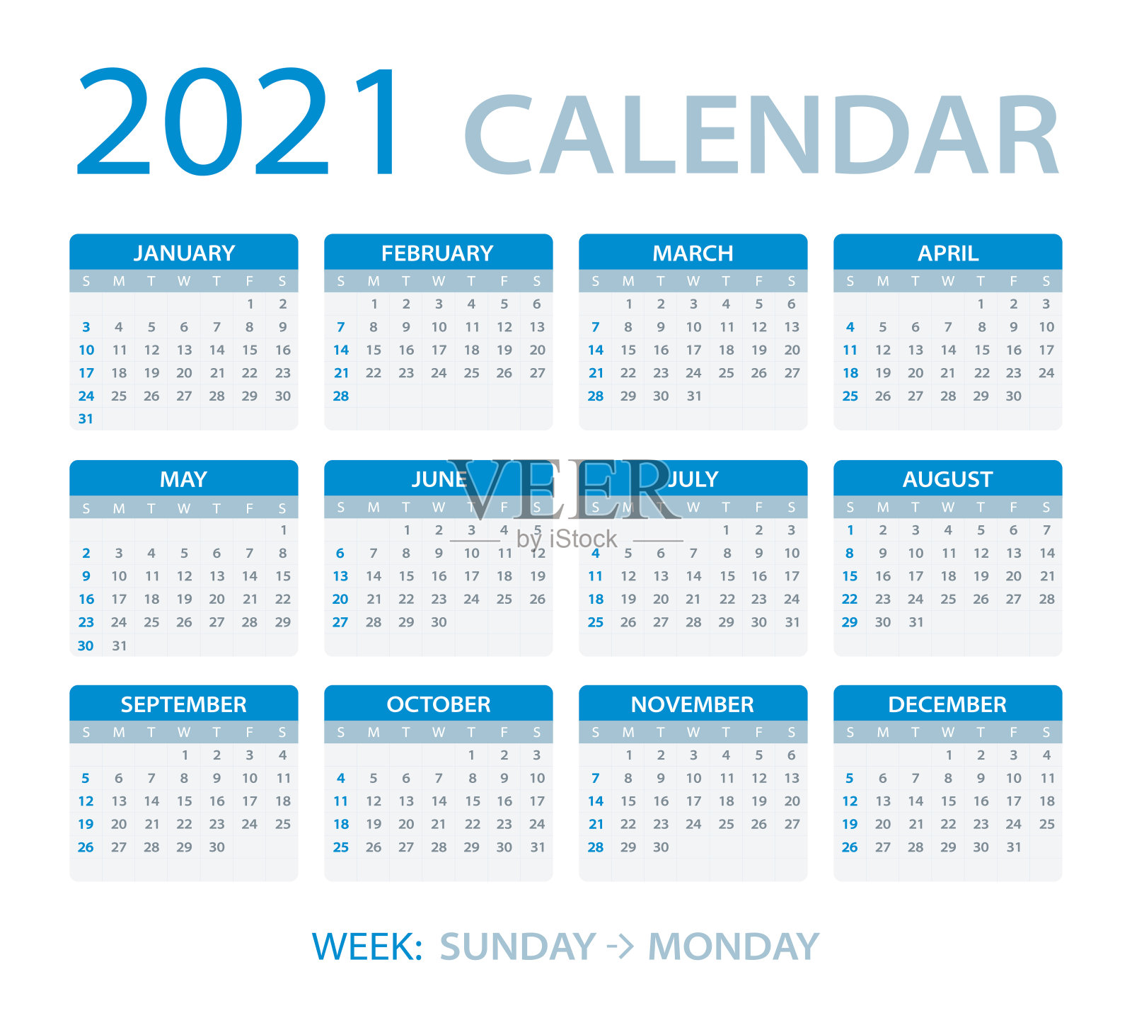 2021年日历-矢量插图，周日至周一插画图片素材