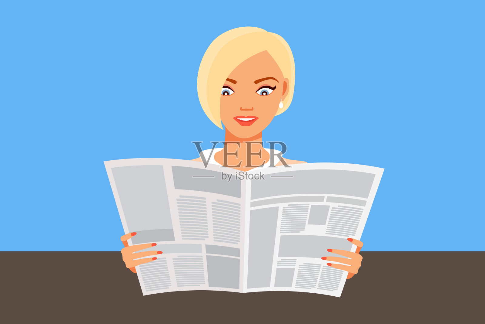 女人在书桌上阅读经典报纸和孤立的蓝色背景与拷贝空间插画图片素材