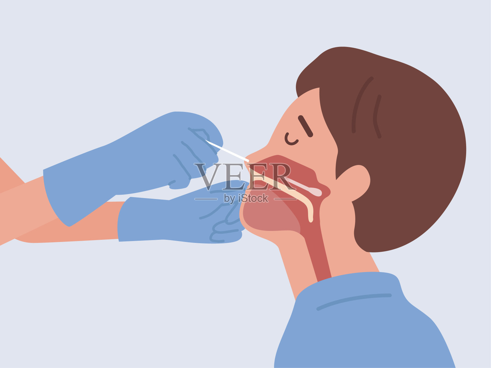 医生使用Man进行Covid-19检测或DNA检测，使用鼻拭子探针，将长棉签插入口鼻之间的腔内。插画图片素材