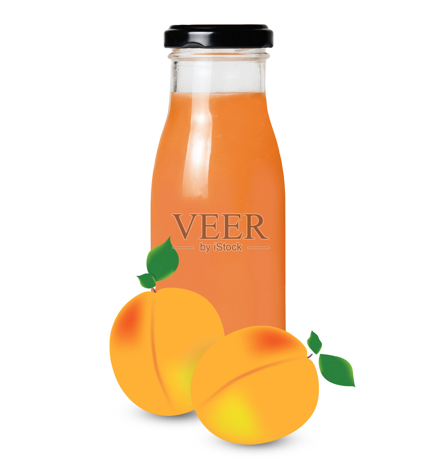 由成熟的杏和一个在白色孤立背景上的杏汁的瓶子组成。剪切路径。鲜艳饱和的颜色插画图片素材