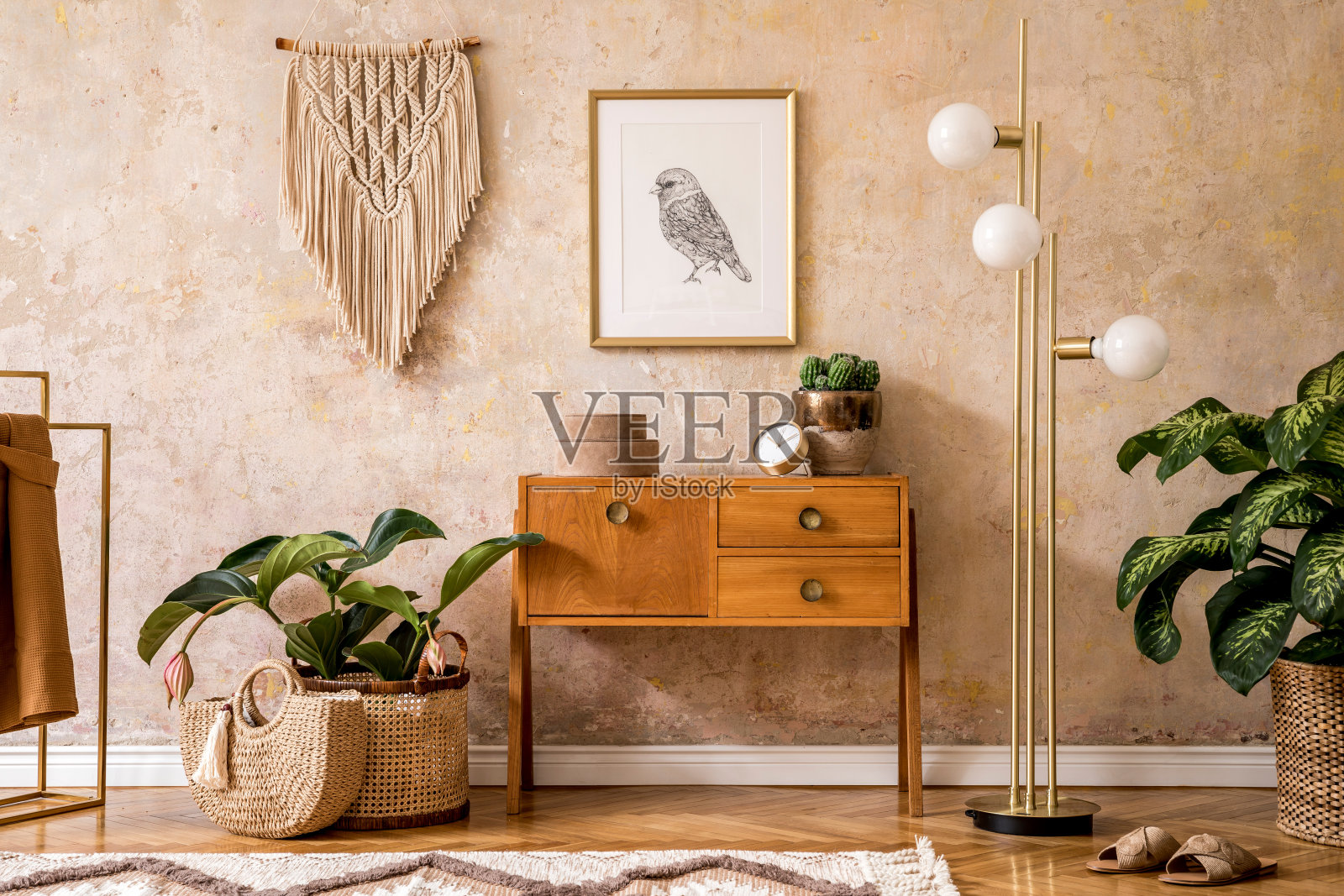 现代复古的客厅组成与木制的老式马桶，家具，灯，植物，地毯，枕头，金色模拟海报框架，植物，装饰和个人配件。照片摄影图片