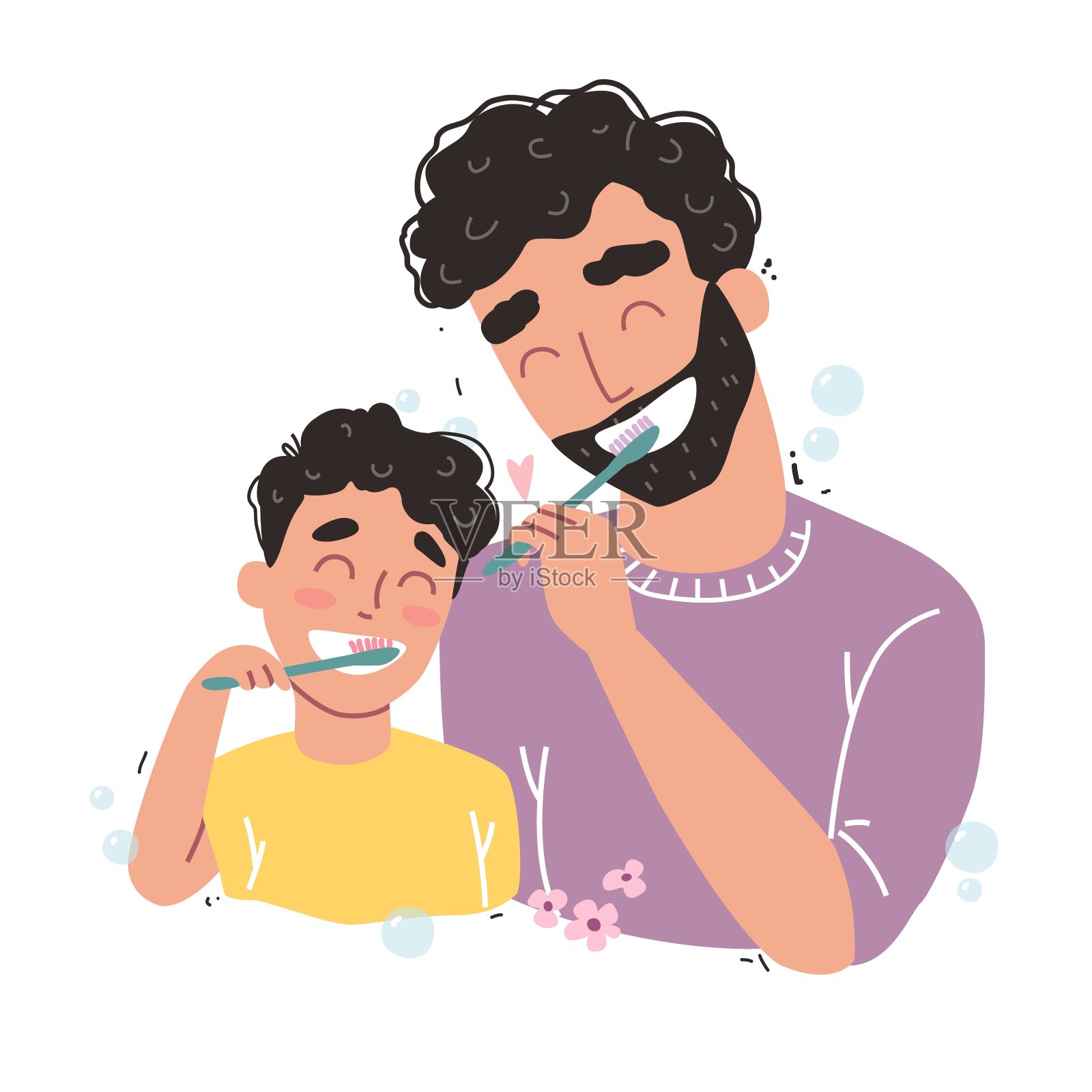 爸爸和儿子在刷牙。家庭幸福，身体健康。插画图片素材